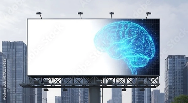 Fototapeta Large blank billboard with a digital brain illustration against a cityscape, ideal for advertising technology or innovative ideas in an urban setting
