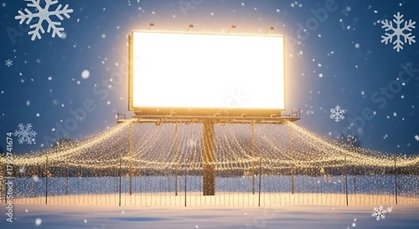 Fototapeta A captivating winter scene featuring a blank billboard illuminated by warm lights, set against a snowy backdrop with delicate snowflakes falling, creating a festive atmosphere