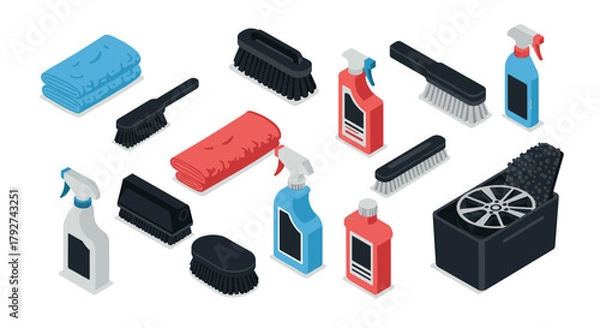 Fototapeta Isometric car cleaning tools with brushes, detergents, and bucket