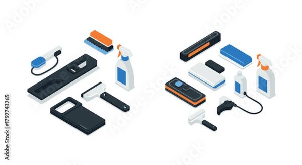 Fototapeta Isometric cleaning tools set with brushes, sprays, and scrapers in blue and orange