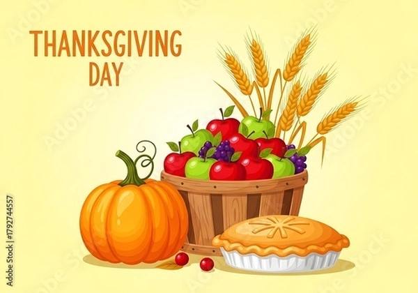 Fototapeta Happy thanksgiving day illustration with a pumpkin, basket of apples, and a pie on a yellow background, celebrating autumn harvest and gratitude