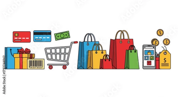 Fototapeta Colorful collection of online and retail shopping icons and symbols. Flat Vector Illustrations. EPS Editable