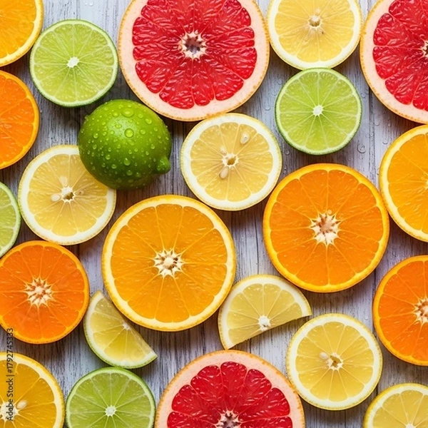 Fototapeta Overhead shot of a colorful assortment of citrus fruit slices, including oranges, grapefruits, lemons, and limes, creating a vibrant and refreshing display of natures bounty