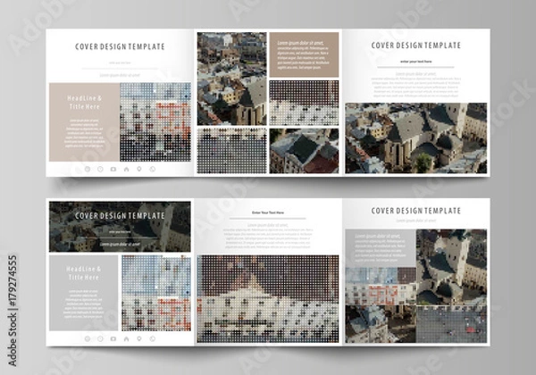Fototapeta Business templates for tri fold square design brochures. Leaflet cover, abstract flat layout, easy editable vector. Colorful background made of dotted texture for travel business, urban cityscape.