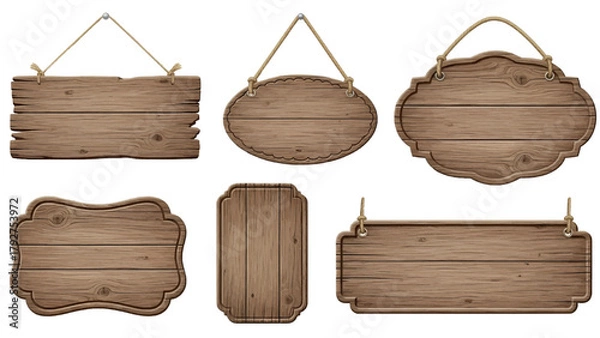 Fototapeta Vector illustration of collection of six rustic wooden signs hanging by rope on a transparent background