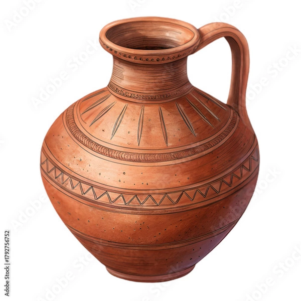Obraz Ancient Terracotta Pottery Jug Vessel with Traditional Art Patterns on transparent background