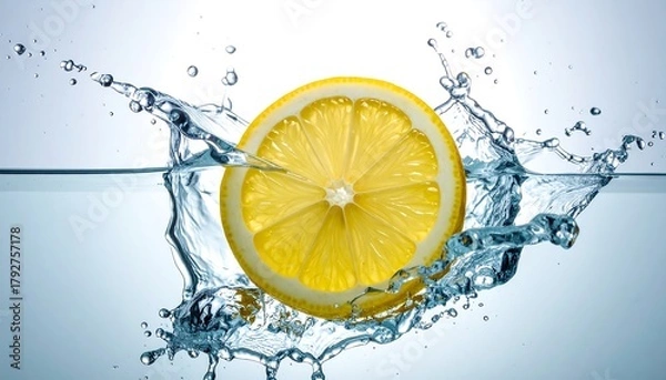 Obraz A lemon slice makes a splash in cool, clear water
