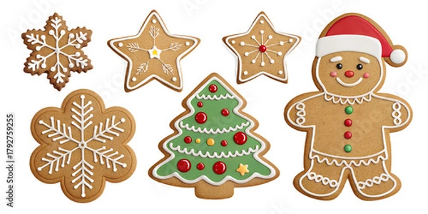 Obraz Gingerbread Christmas cookies set isolated on transparent background. Cute festive biscuits in shapes of snowflake, star, Santa, man, and tree. Decorative holiday cookies for winter, Christmas, and Ne