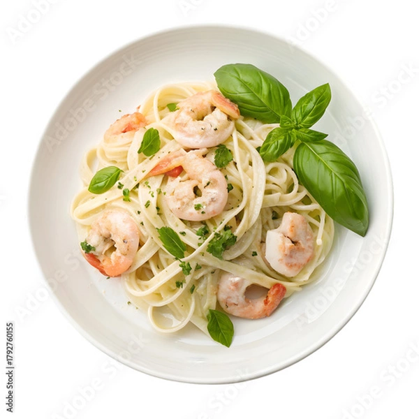 Obraz Shrimp Pasta Dish with Fresh Basil. Authentic Italian Seafood Meal. on transparent background
