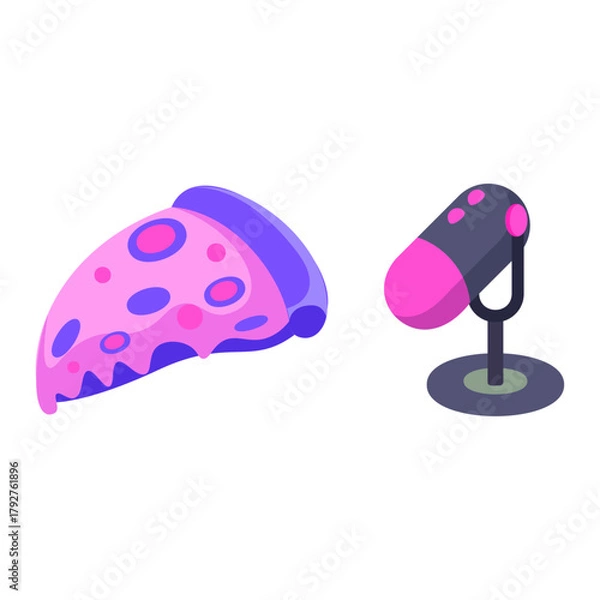 Obraz Vibrant cartoon illustration of a fantasy pizza and a podcast microphone for broadcast shows