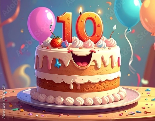 Obraz Festive 10th Birthday Cake with Balloons and Confetti.