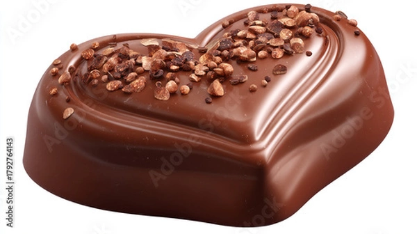Obraz A close up of a heart shaped chocolate candy with sprinkles on top on a white background