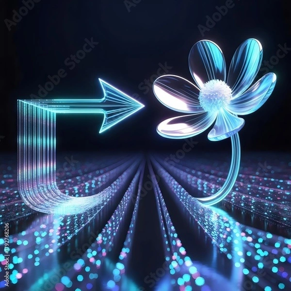 Fototapeta Holographic arrow and flower glowing with particle light
