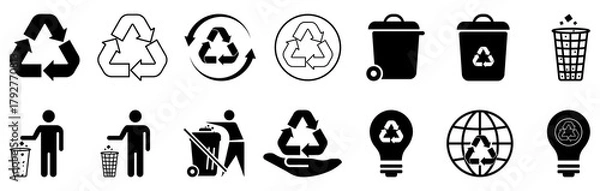 Fototapeta Recycling icon set for eco friendly projects. Recycling bin icons for eco projects. Clean environment recycling symbol icons. Teamwork icons for clean environment. Recycle symbol icons for project