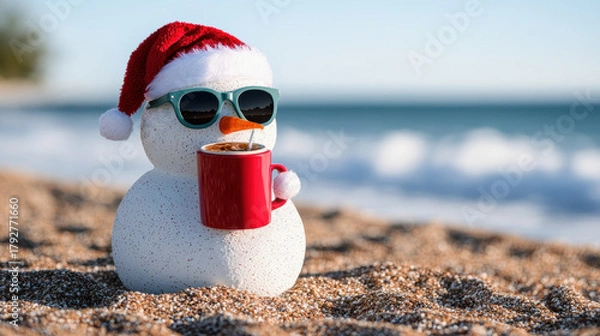 Fototapeta Snowman wearing sunglasses and Santa hat holding red mug on sandy beach with ocean in background, christmas holiday mood