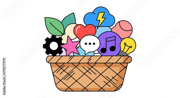 Fototapeta Single Vector Icons of Basket of Diverse Icons Representing Creativity and Ideas. EPS Editable