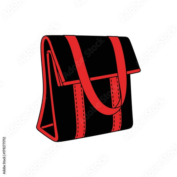 Obraz Single Vector Icons of Black and Red Insulated Lunch Bag with Strap. EPS Editable