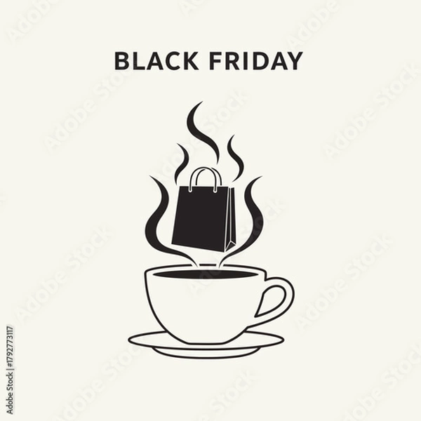 Fototapeta Single Vector Icons of Black Friday Shopping Bag Steaming Hot Coffee Cup Icon. EPS Editable