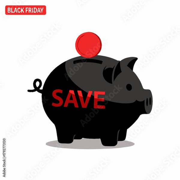 Fototapeta Single Vector Icons of Black Friday Savings Piggy Bank with Coin and Save Text. EPS Editable