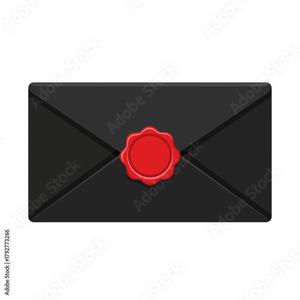 Fototapeta Single Vector Icons of Black paper envelope with a red wax seal stamp isolated on a white background. EPS Editable