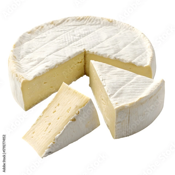 Obraz Soft French Cheese: Camembert Wheel & Slices. Dairy Food Delicacy Product on transparent background