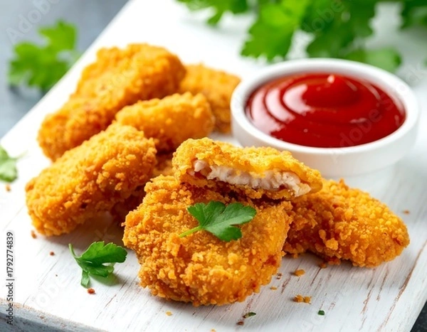 Fototapeta Crispy Chicken Nuggets with Ketchup - A Delicious and Convenient Meal.