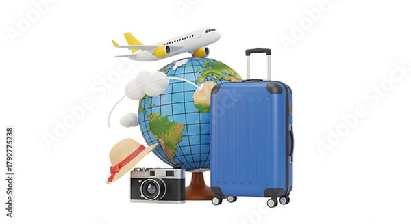 Obraz Travel concept with globe, airplane, suitcase, camera, and hat
