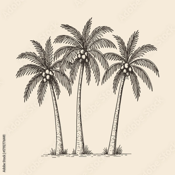 Obraz Elegant vintage-style vector of palm trees in tropical scenery. Ideal for travel posters, nature prints, and summer design themes.