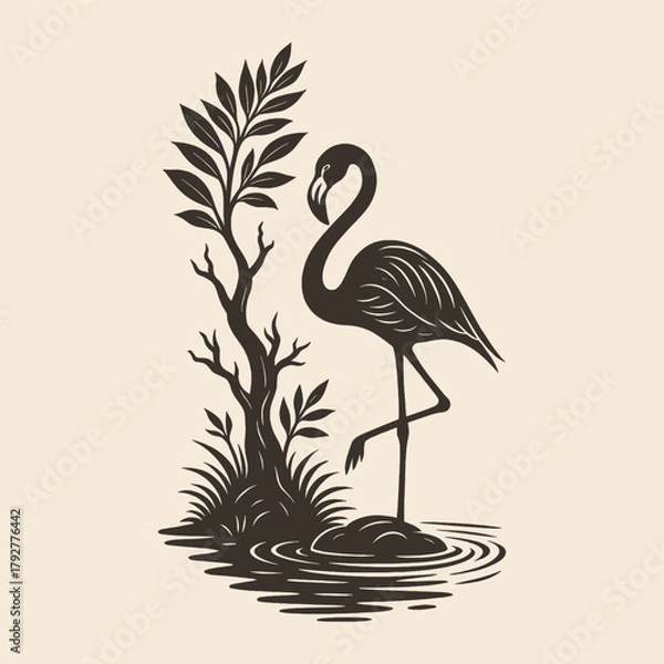Obraz Detailed hand-drawn illustration of a flamingo by a lake in vintage engraving style. Great for nature prints, logos, and wildlife art.