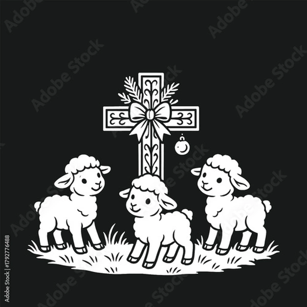 Obraz Classic black and white illustration of three lambs near a cross in vintage style. Perfect for religious prints, tattoo designs, or spiritual art.
