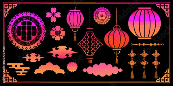 Obraz Collection of traditional asian decorative elements including lanterns flowers clouds and ornaments in vibrant gradient colors