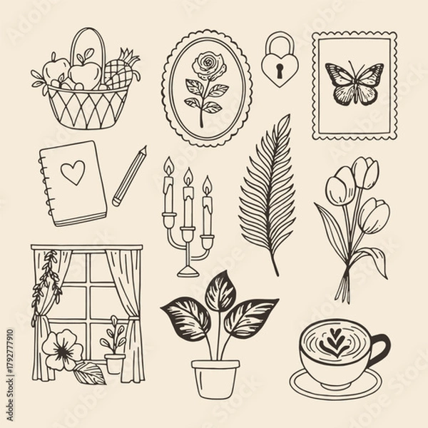 Obraz Sketch-style vector of cozy home elements like plants, candles, and mail. Ideal for lifestyle branding, cards, and wall prints.