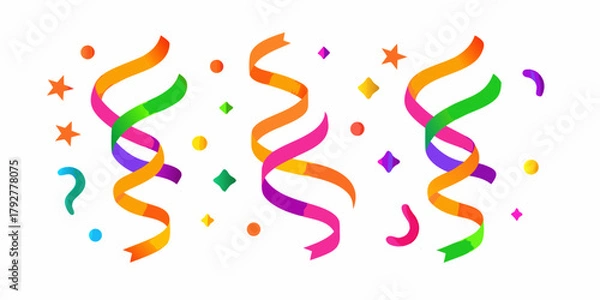 Obraz Colorful party streamers and confetti with stars and dots on white background