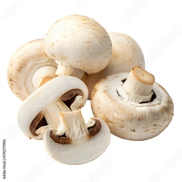 Obraz Fresh White Button Mushrooms Bunch - Culinary Ingredient & Raw Produce on transparent background