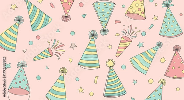 Fototapeta Celebration Pattern With Party Hats And Confetti Festive Elements