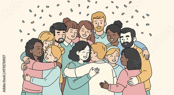 Fototapeta Diverse Group Hugging Together In Celebration With Confetti Falling