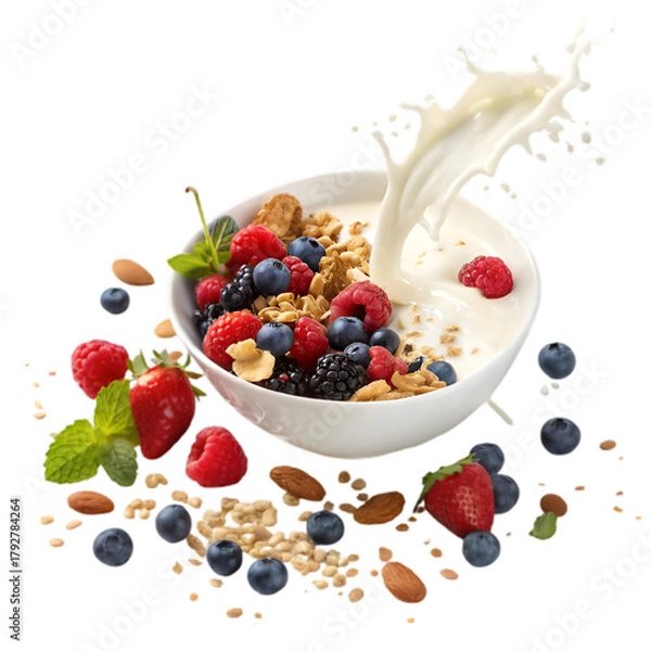 Obraz Nutritious Breakfast Cereal Bowl: Granola, Berries, Milk Splash on transparent background