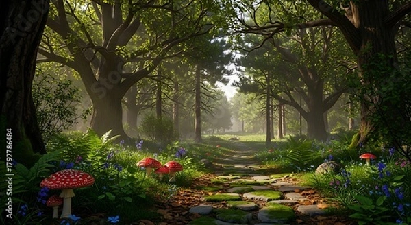 Obraz Lush woodland scene with a mysterious stone path, towering trees, and dramatic sun rays filtering through the canopy.