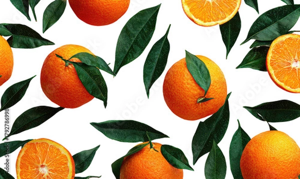 Obraz Fresh oranges and leaves, vibrant citrus pattern