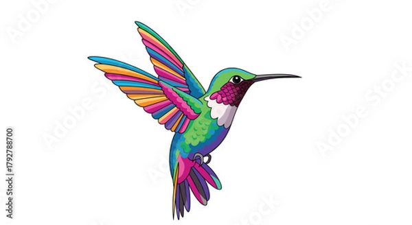 Obraz A vibrant and colorful hummingbird with outstretched wings hovers mid-air.