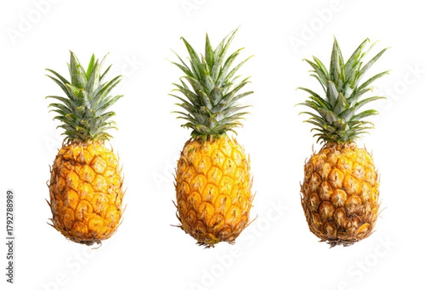 Obraz Three pineapples arranged horizontally,  close-up view,  bright yellow skin,  green leaves,  slightly imperfect