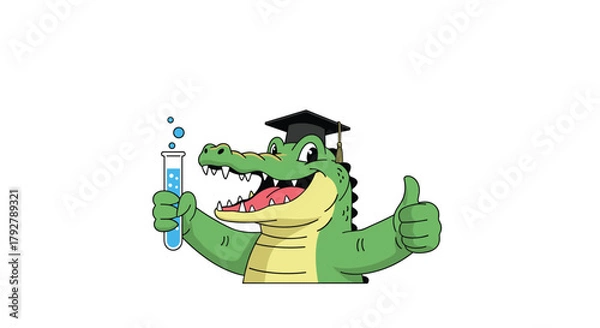 Obraz An enthusiastic alligator wearing a graduation cap gives a thumbs up while holding a test tube with bubbling liquid in it.
