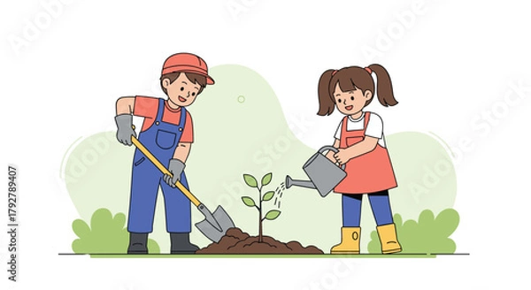 Obraz Children planting a small tree together in a garden with watering can and shovel.