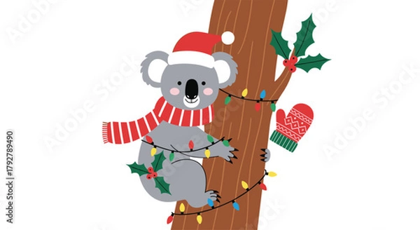 Obraz A cute koala wearing a santa hat and scarf is climbing a tree decorated with christmas lights and holly.