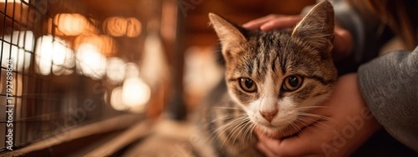 Fototapeta Close interaction between a person and a tabby cat at an animal shelter during late afternoon hours