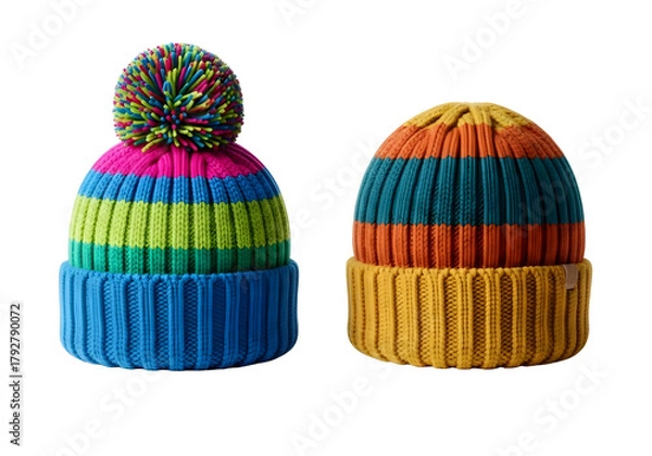 Fototapeta Two colorful knitted winter hats with pom poms isolated on transparent background