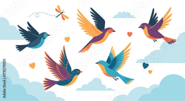 Obraz A flock of colorful birds gracefully soaring through a cloudy sky surrounded by small hearts and a dragonfly.