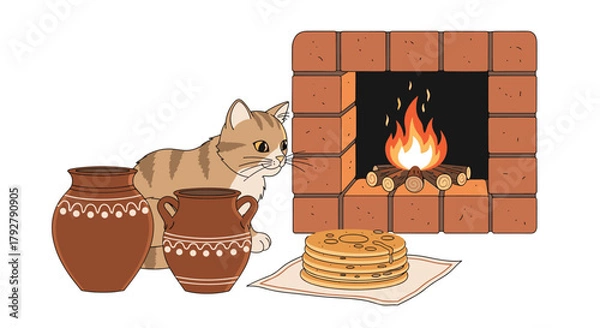Obraz A fluffy cat sits by a cozy fireplace with traditional pots and a stack of pancakes on a mat.