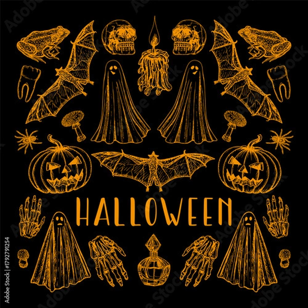 Obraz Halloween card design - sketch outline illustration. Ghost, pumpkin, skull, mushroom, spider drawings in engraving style. Hand-drawn vector line art, sticker collection