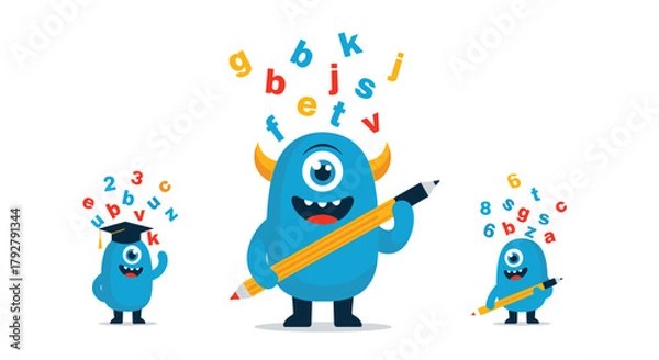 Obraz Fun cartoon monsters learning and writing with letters and numbers for education.